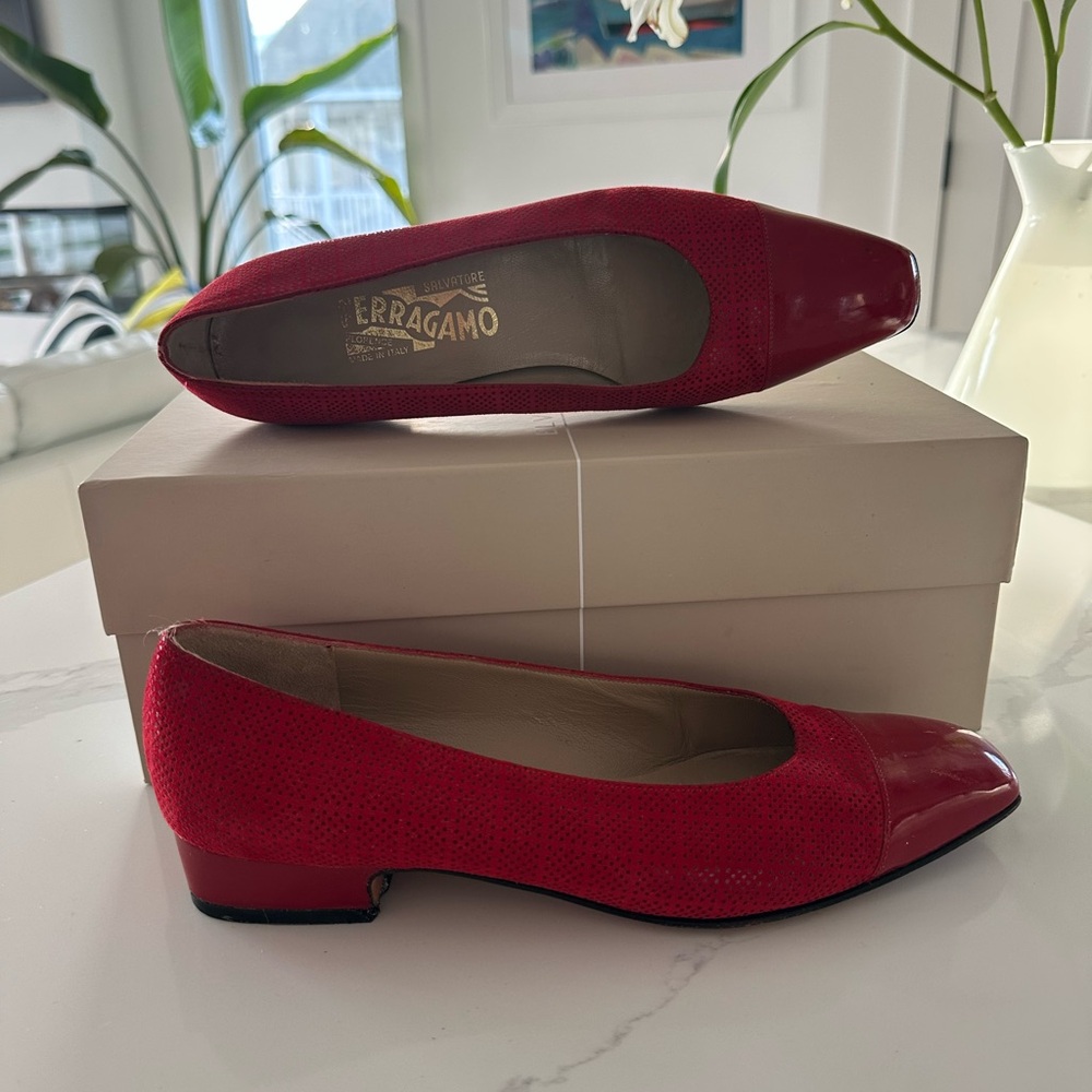 Salvatore Ferragamo Red Suede and Patent Leather Square-Toe Flats